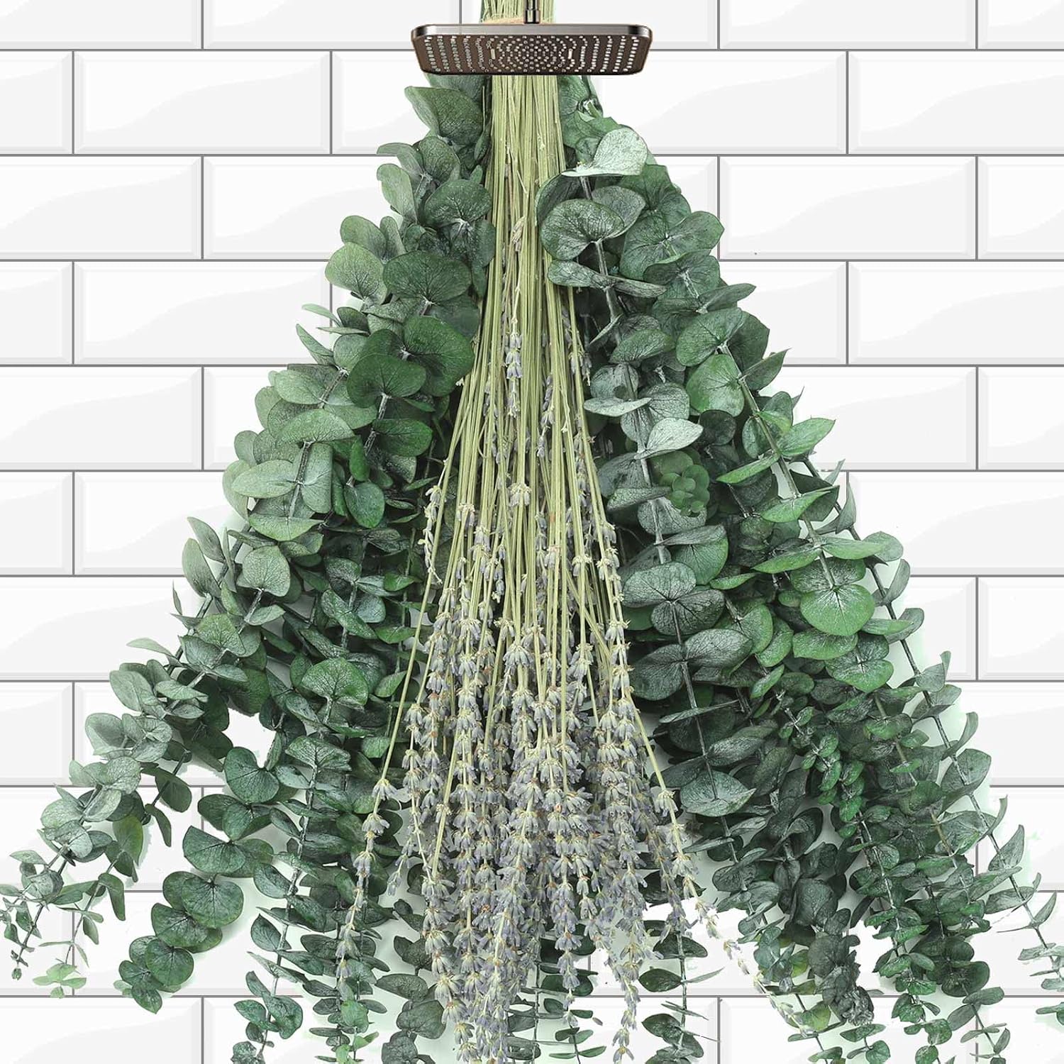 Mixed Dried Eucalyptus Stems with Lavender Flowers Bundle for Shower, 17'' Natural Eucalyptus Leaves Branches Hanging Shower Plant for SPA Home Fragrance Bathroom Table Vase Decor, 2 Pack