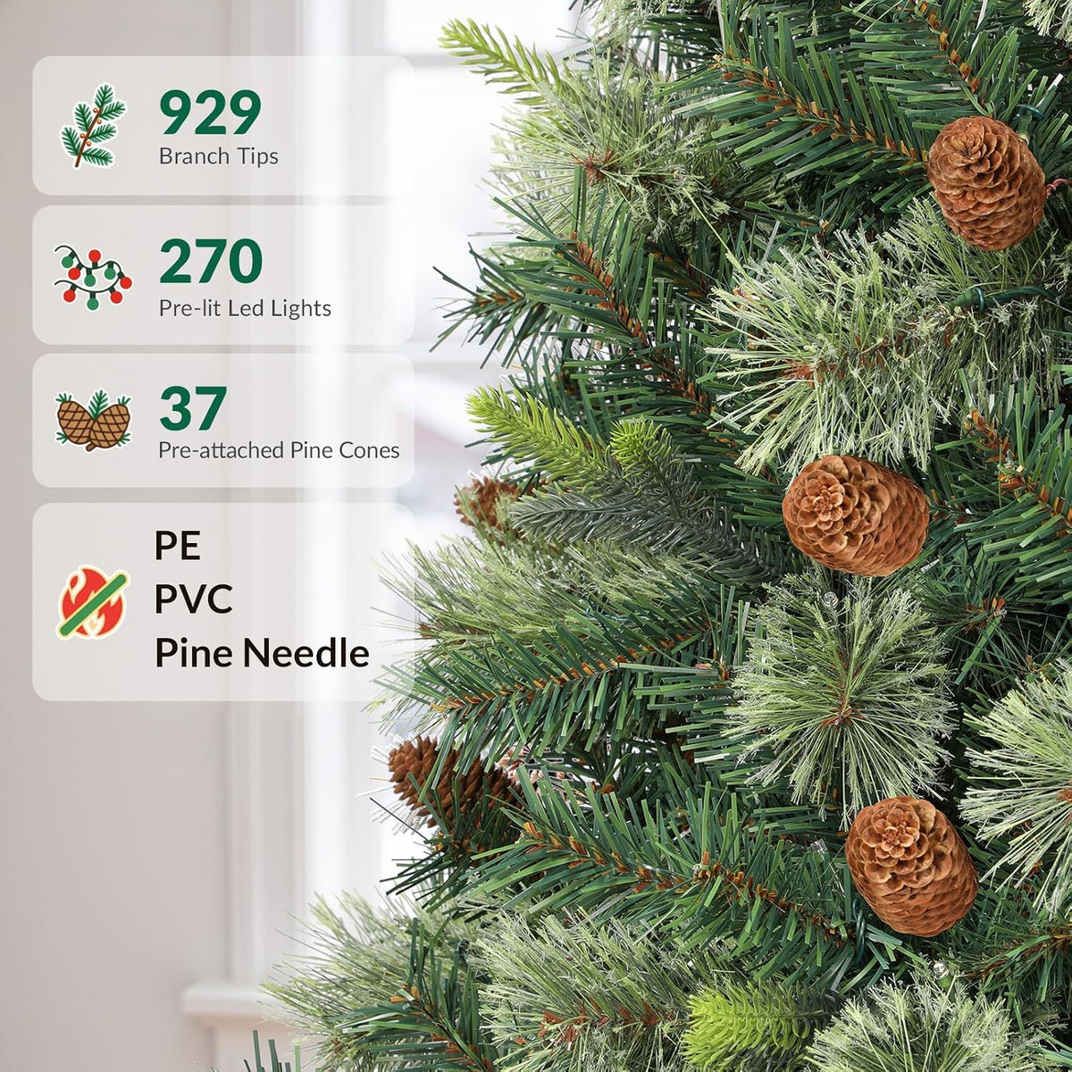 6.5ft artificial prelit pre-decorated christmas tree with remote, close-up detail