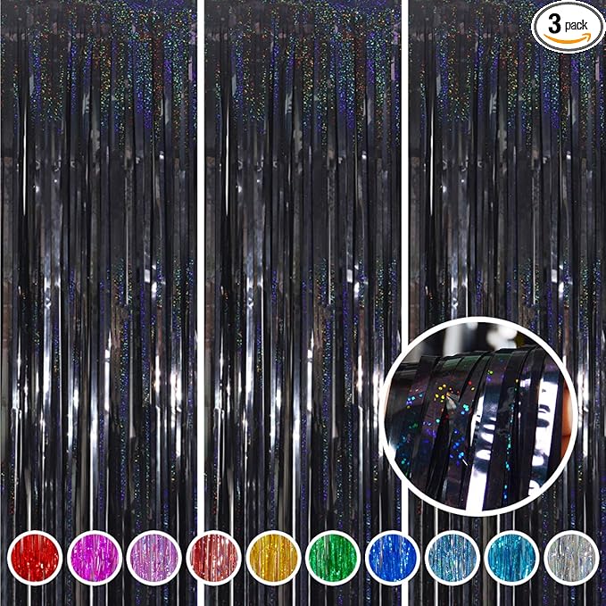 Foil Fringe Curtains Halloween Decor Indoor Party Decorations - Melsan 3 Pack 3.2 x 8.2 ft Black Tinsel Curtain Photo Backdrop for Birthday Decorations Retirement Party Decorations Black