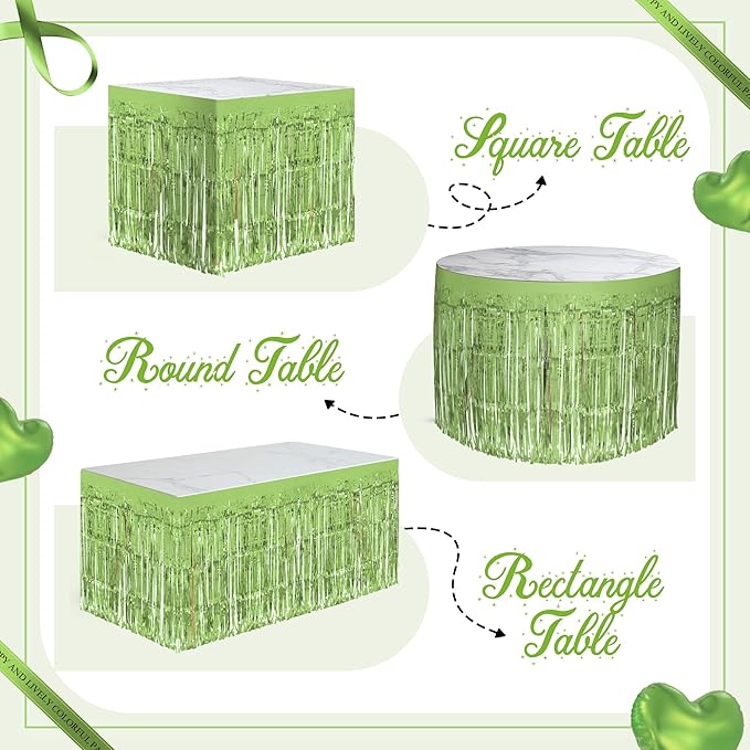 2 Pack Light Green Table Skirts, 29x108" Metallic Foil Tinsel Fringe Table Skirts for Rectangle Tables Streamer Curtains Backdrop, Party Decorations for Birthdays Weddings Holidays