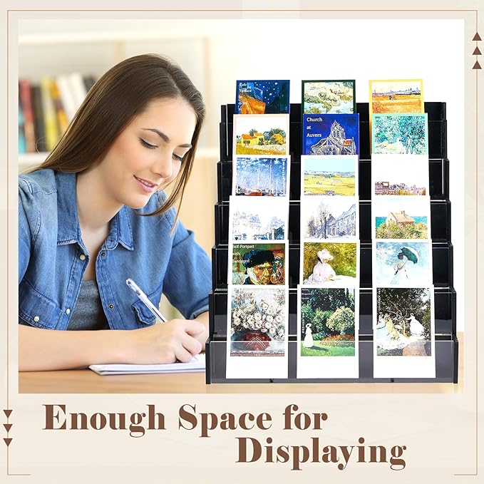 6 Tier Greeting Card Display Stand Black Bamboo and Acrylic Sticker Display Stand Trading Card Holder Retail Photos Shelf for Vendors Craft Collection & Show