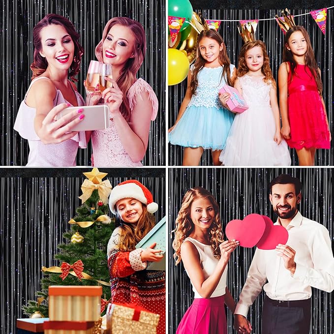 Picoway 4 Pack Foil Fringe Tinsel Backdrop Curtains, Birthday Engagement Bachelorette Party Decorations, Photo Booth Props Door Streamers Curtain (Black)