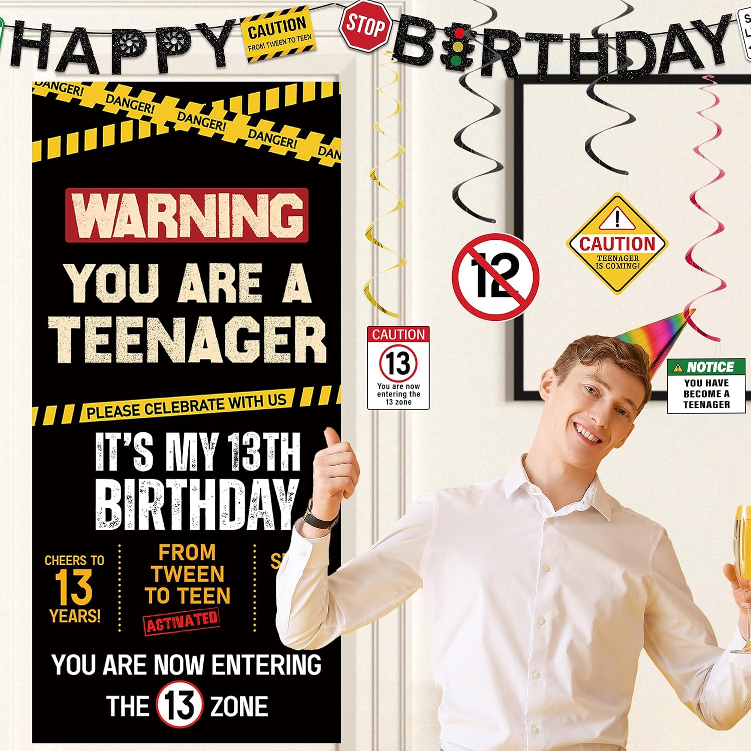 Roetyce 13th Birthday Decorations Boys Girls, Black Happy 13th Birthday Banner Backdrop Balloons Hanging Swirls, Caution Logo Themed Teenager 13 Years Old Party Yard Door Wall Cover Background
