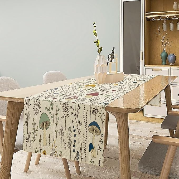 Mushroom Table Runner,Colorful Wild Plants and Fungus Botanical Plants Pattern Print Burlap for Hotel Indoors Outdoor Dining Room Kitchen Holiday Party, 13x108in