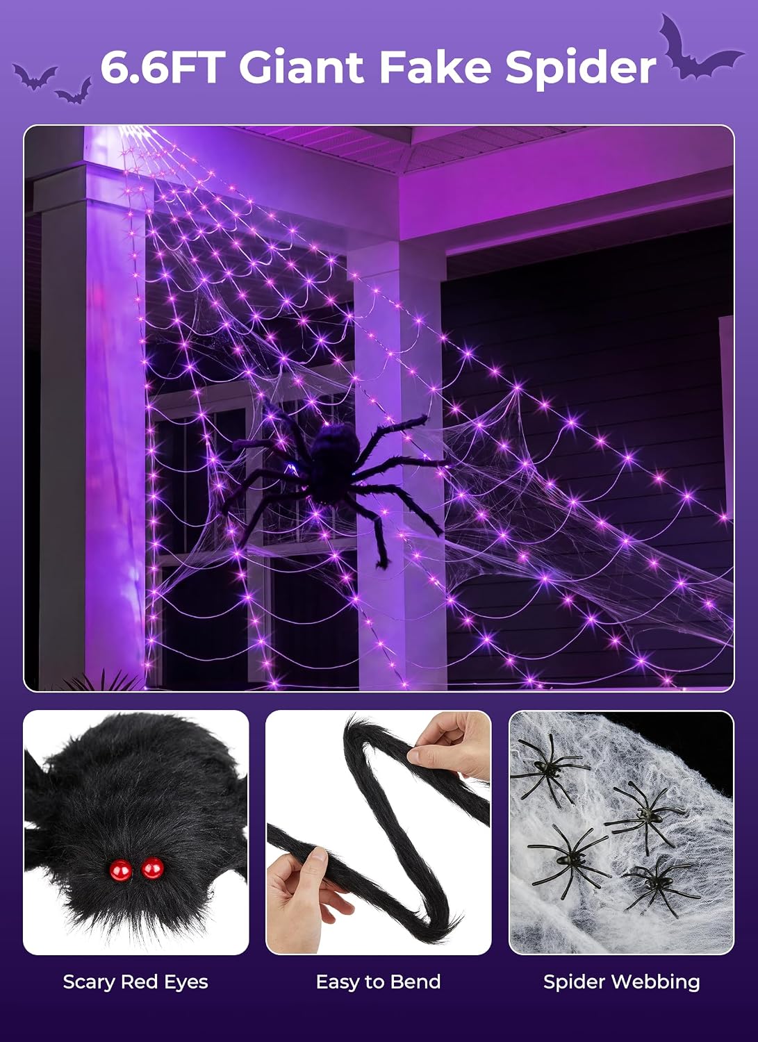 Halloween Decorations Spider Web Lights, 255 LED 16.4Ft Light Up Spider Web, ...