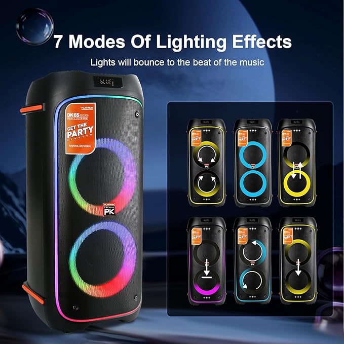 The Platinum DK65 Bluetooth Party Speaker, Karaoke Machine for Adults with 2 Wireless Microphones and Powerful bass & subwoofer, RGB Lights, Features Over 23k Songs for Outdoor & Home