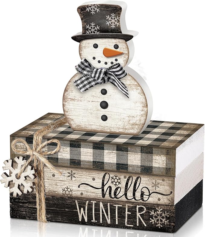 4 Pcs Snowman Christmas Decor Winter Table Decorations Christmas Tiered Tray Decor Winter Centerpiece Indoor Rustic Wooden Snowman Block Sign Gift Farmhouse for Home Kitchen Shelf