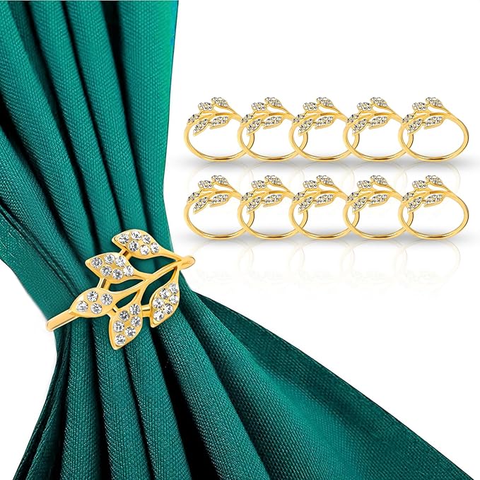 Gold Napkin Rings Set of 10,Napkin Rings Holder Buckles,Thanksgiving Christmas Napkin Ring Alloy Leaf Diamonds Napkin Ring for Dining Table Decor Wedding,Dinner Party Decorations White Diamonds 10pcs