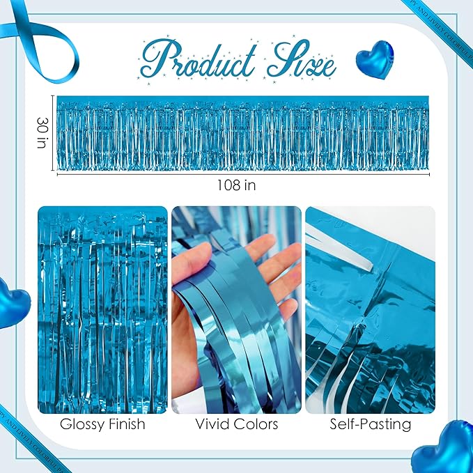 1 Pack Lake Blue Table Skirts, 29x108" Metallic Foil Tinsel Fringe Table Skirts for Rectangle Tables Streamer Curtains Backdrop, Party Decorations for Birthdays Weddings Holidays