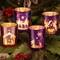 4 Pcs Christmas Advent Candle Holder Nativity Scene Candle Holder Glass Purple and Pink Tealight Candle Holders for Holiday Xmas Wedding Church Home Decor, 4 Styles