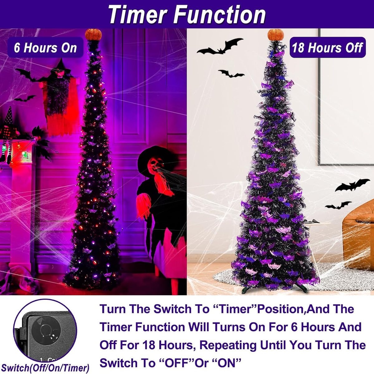 TURNMEON 6 Ft Black Tinsel Halloween Tree with Lights Halloween Decorations