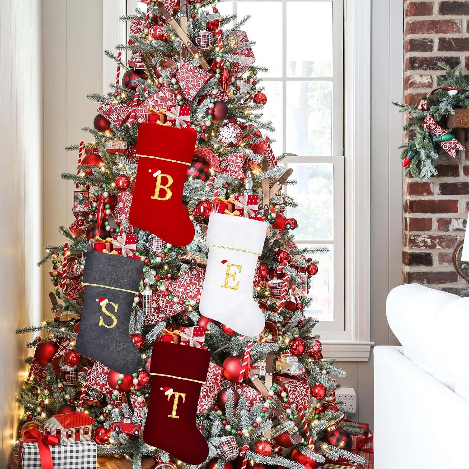 20 Inches Initial Monogram Blue Christmas Stocking, Personalized Large Soft Velvet Christmas Stocking with Gold Trim Decoration for Family Christmas Holiday Party Decor