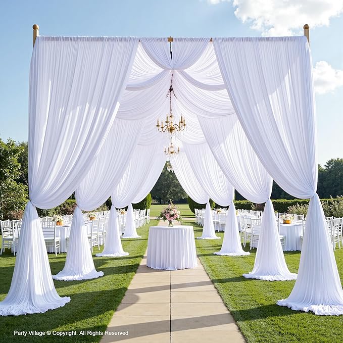 PartyVillage 30ft×15ft White Backdrop Curtain for Wedding Parties, 6 Panels Wrinkle Free 15 FT Long Polyester Photo Backdrop Drapes Back Drop Cloth for Birthday Photography Background