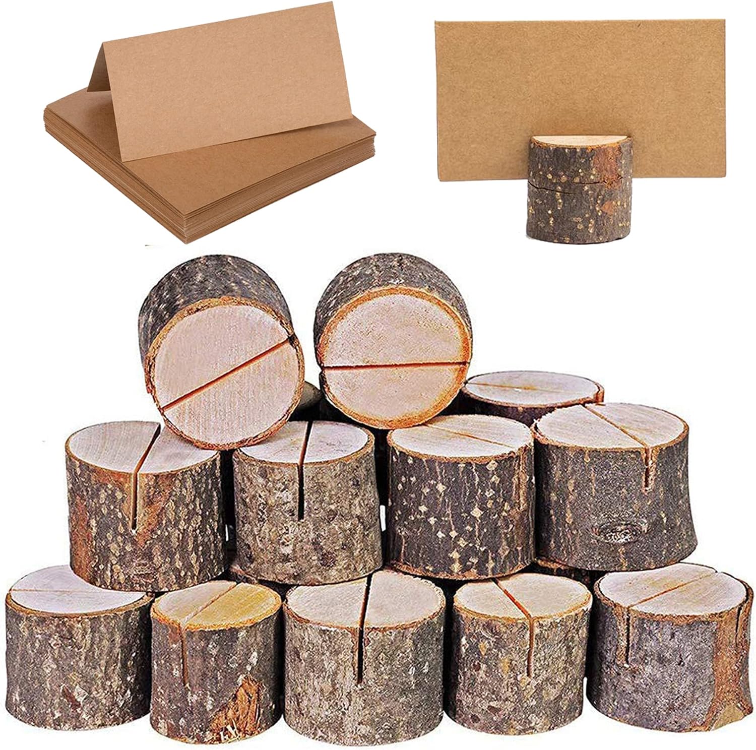 WOHENI Place Card Holders, 20 Pcs Place Rustic Wooden Card Holders Table Number Stands for Name Tags Food Markers Party Wedding Table Name Card Holder Memo Photo Holder Card and 30 Pcs Kraft