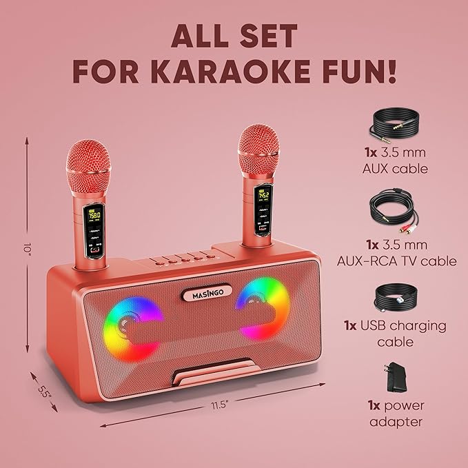 MASINGO Karaoke Machine for Adults and Kids with 2 Wireless Microphones, Portable Bluetooth Singing Speaker, Colorful LED Lights, PA System, Lyrics Display Phone Holder, and TV Cable. Presto G2 Pink
