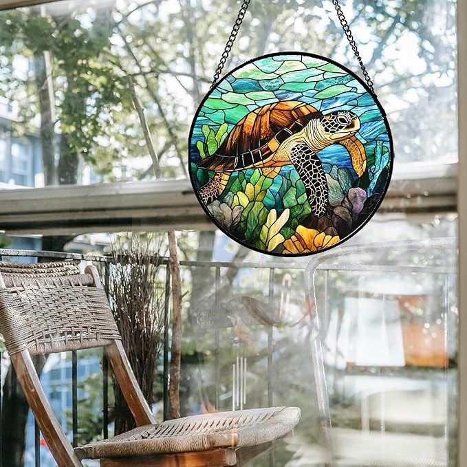 Stained Glass Window Hanging - Cute Sea Turtle Suncatcher for Door Garden Yard Blue Ocean Sun Catchers Decor Christmas Mother's Day Birthday Children's Gifts for Women Mom Nana Friend 15 in