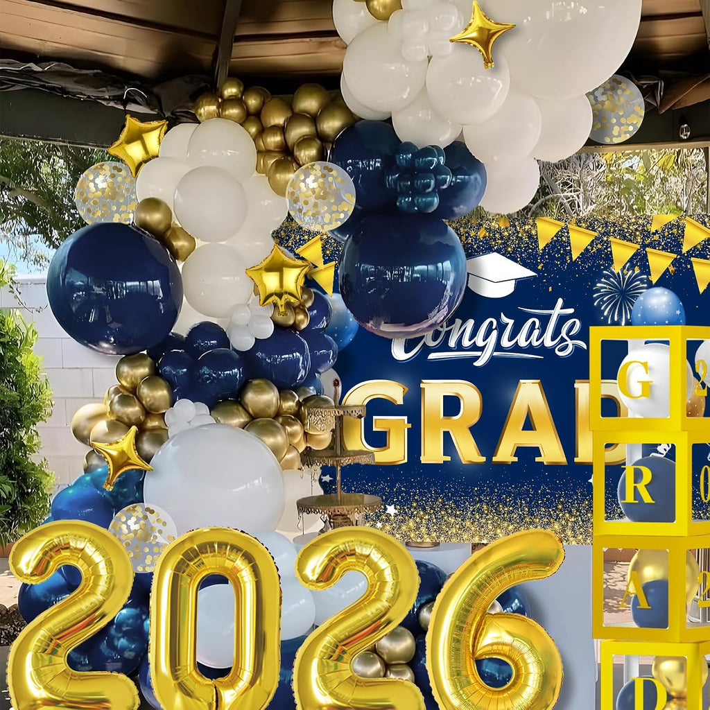 navy blue and gold graduation balloons garland arch, close-up detail