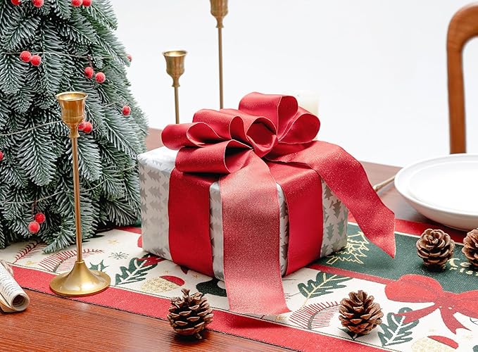 Christmas Ribbon Wired Red Satin Ribbons 2-1/2 Inch Double-Faced Gold Glitter for Tree Decoration, Wreath, Gift Wrapping, Home Decor 10 Yards