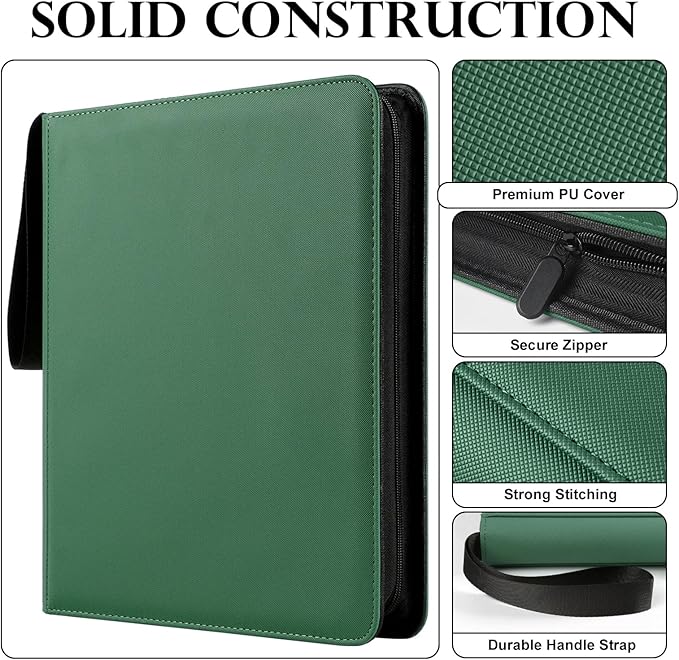 GEAoffice Trading Card Binder 12 Pocket for 720 Cards, Ringless Side Loading Card Collection Binder Album Folder for MTG, TCG, Game&Sports, PU Cover, Non-PVC, Green