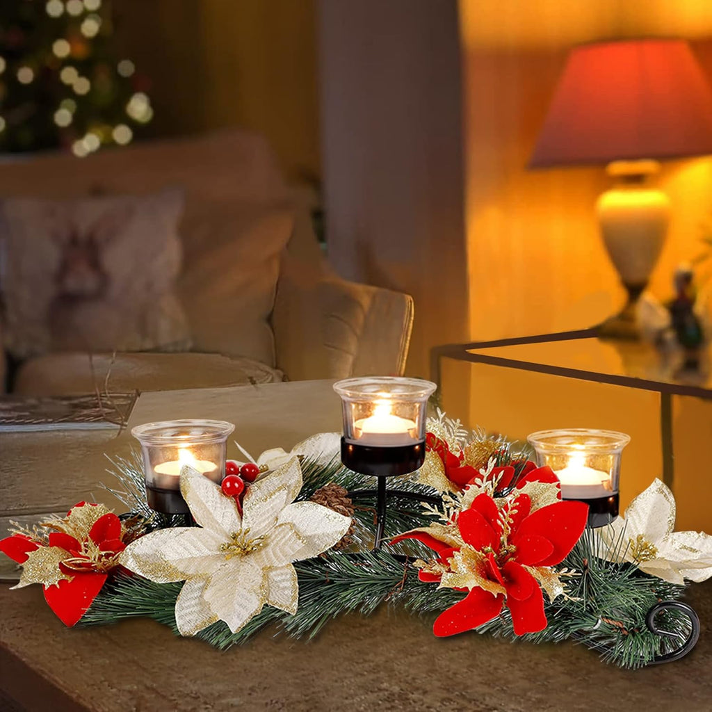 FORUP Christmas Centerpiece, Christmas Candle Holders, Christmas Tabletop Poinsettia Centerpiece with 3 Flameless Candle, Romantic Holiday Candelabrum for Home Party Christmas Table Mantel Decorations