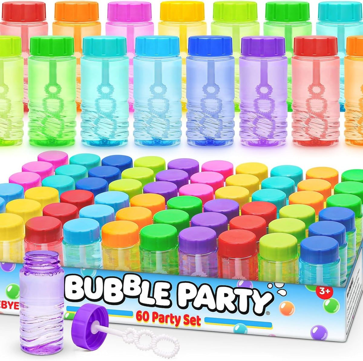 60 Pcs Neon Bubble Solution Bottles Bulk, Lid Attached Wands Party Favor