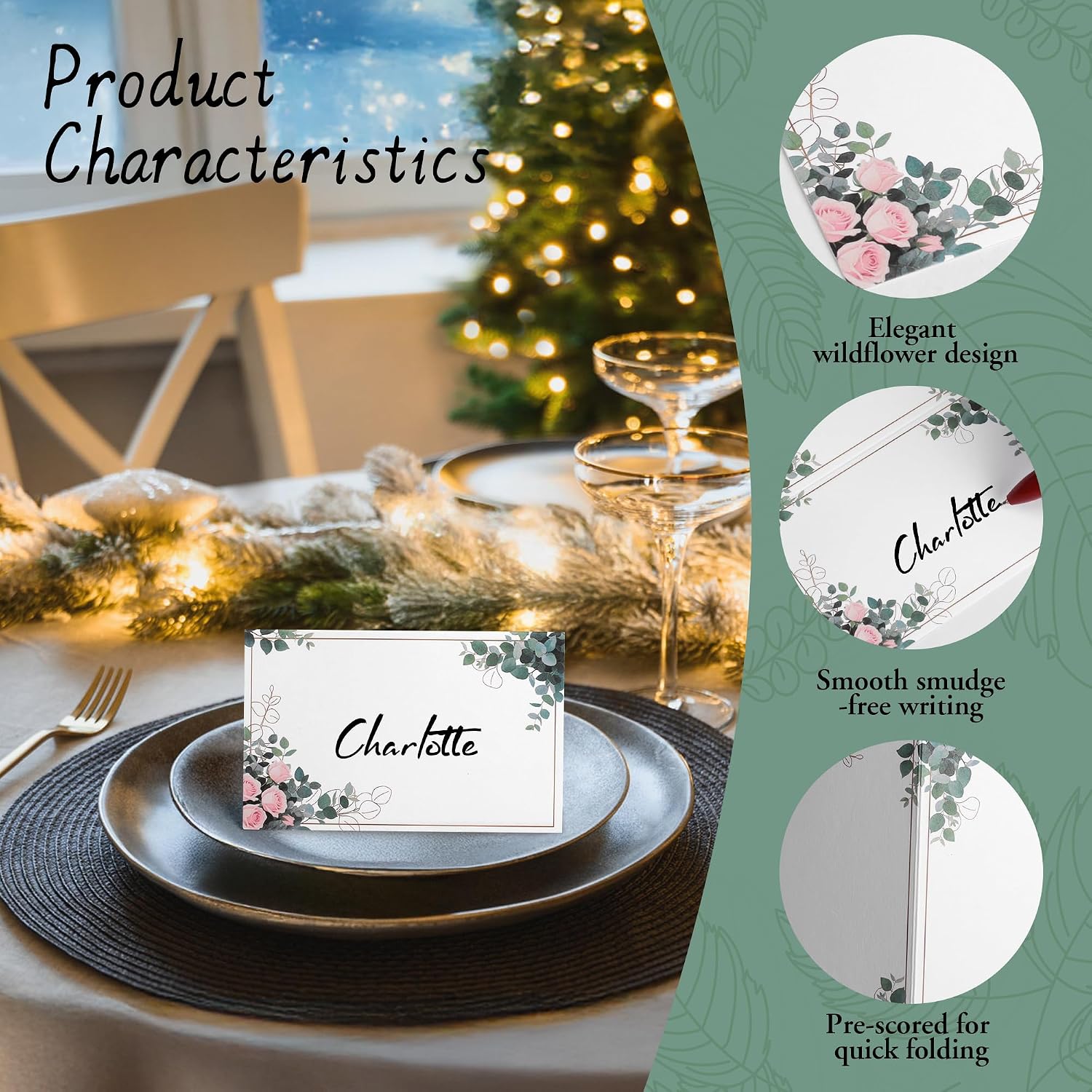 100 Pack Place Cards for Table Setting – 4" x 2.5" Folded Tent Cards, Eucalyptus Design Name Place Cards for Weddings, Parties, Events, Dinner Tables