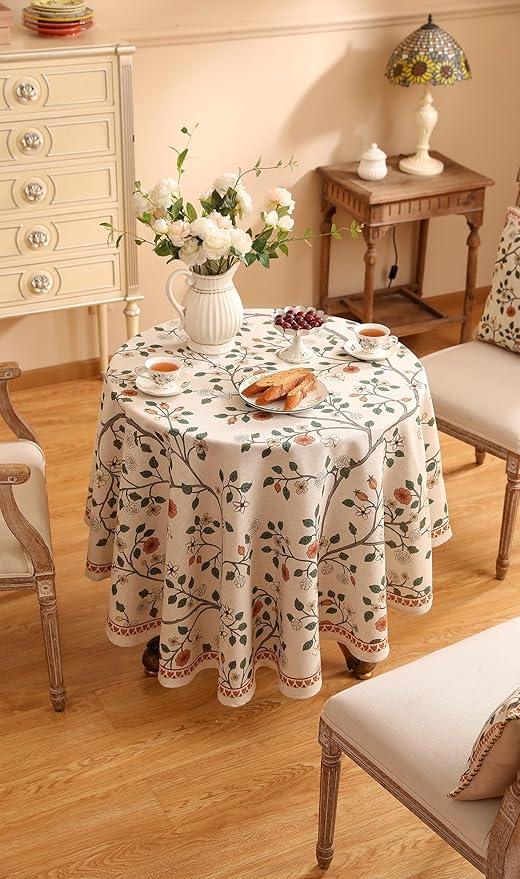 ISAENNE Designer Floral Small Round Tablecloth,French Linen Light Beige Indoor Table Cloth,Fall Wrinkle Resistant Decor Tablecloths for Dining Thanksgiving Kitchen Party,Diameter 55"-Flora A