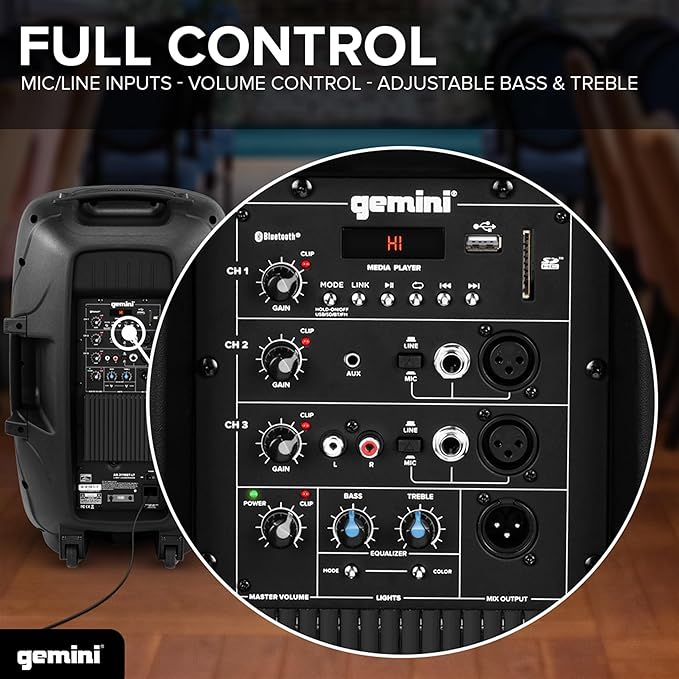 Gemini Sound AS-2115BT-LT Active 2000W Watt Party LED Light 15 Inch Woofer Powered Stage DJ Monitor Bluetooth PA Speaker, Wireless Stereo Pairing, Portable Fly Points