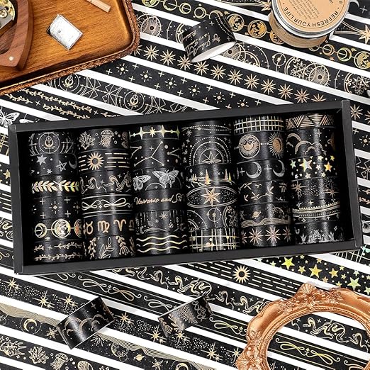 36 Rolls Glow-in-The-Dark Starry Washi Tape Set with Gold Foil Celestial Patterns - Writeable Decorative Tapes for Scrapbooking, Bible Journaling, Bullet Journals 0.6" x 79" per Roll