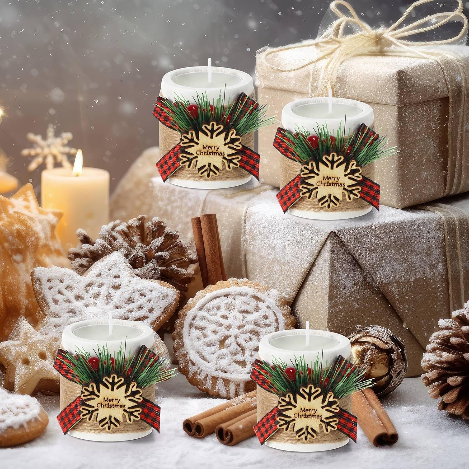Uiifan 24 Sets Christmas Wood Tealight Holder and Tea Lights Set Decorative for Table Centerpiece Xmas Tealight Bulk Decor Gift (Snowflake,White)