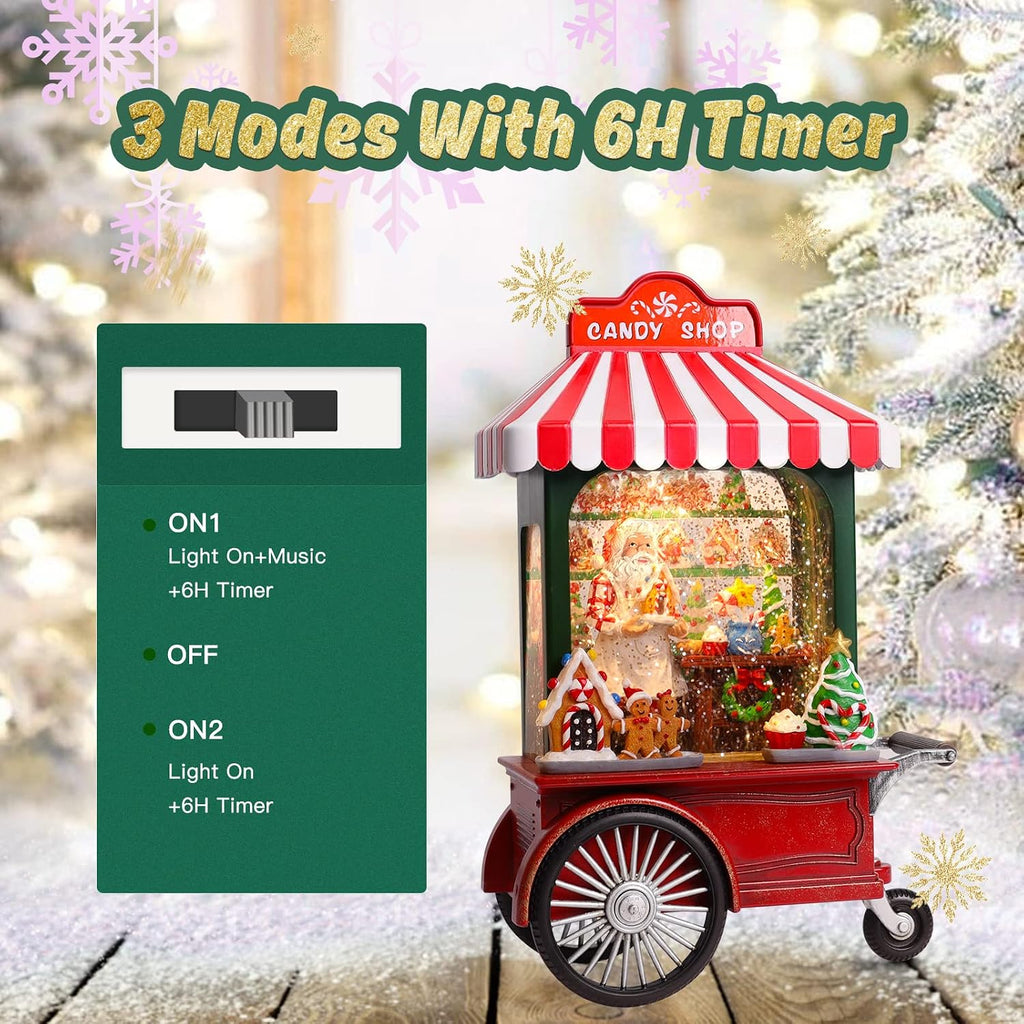 Christmas Snow Globe, Candy Cart Christmas Snow Globe with 6H Timer, 10.8 Inches Lighted Musical Santa Snow Globes, Spinning and Swirling Glitter Christmas Decorations Gifts
