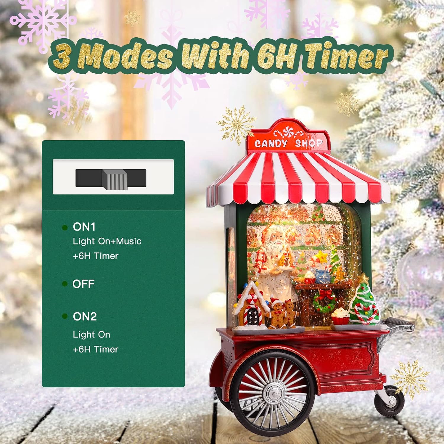 Christmas Snow Globe, Candy Cart Christmas Snow Globe with 6H Timer, 10.8 Inches Lighted Musical Santa Snow Globes, Spinning and Swirling Glitter Christmas Decorations Gifts