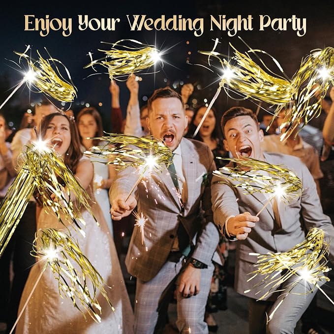 100 pcs Wedding Wands Light up with LED Tinsel Wedding Streamers for Wedding Send off and Greeting Ideal Props for Weddings, Birthday Parties, Christmas Cheerleading Games (Gold)