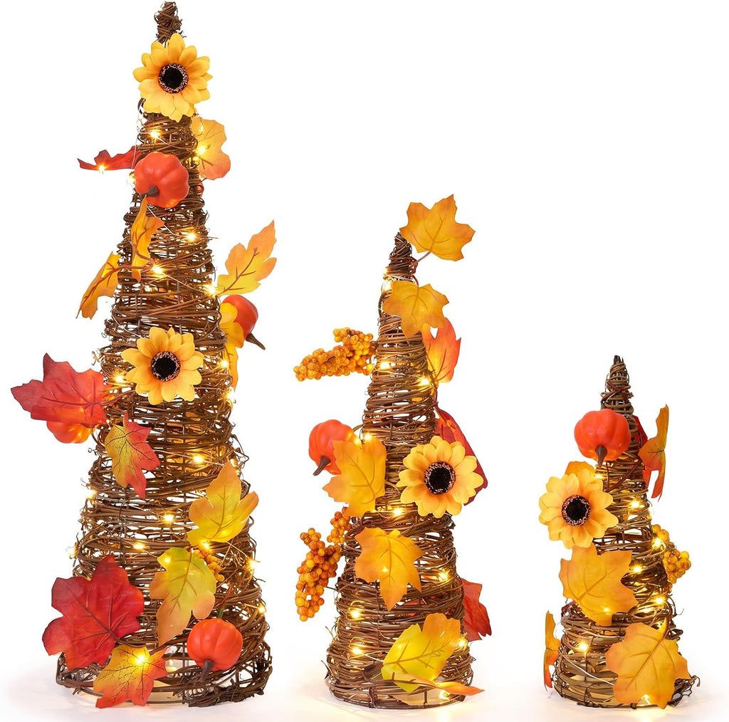jenaai 3 pcs lighted fall table tree decor, front angle view