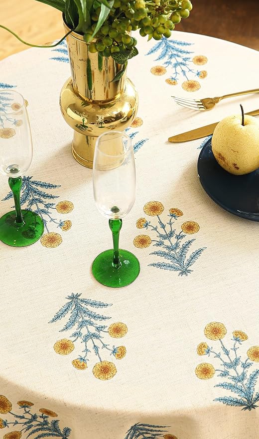 ISAENNE Designer French Pale Yellow Small Round Tablecloth,Linen Floral Table Cloth,Wrinkle Resistant Decor Tablecloths for Dining Thanksgiving Banquet Kitchen Party,Diameter 55"-Estevan A