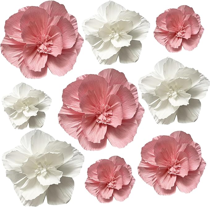 BRT Bearingshui Crepe Paper Flowers Decoration for Wall Total 9 Pcs, Artificial Flowers Backdrop for Wedding Decor Baby Bridal Shower Birthday Party, Pink and White 3D Wall Flowers Decor