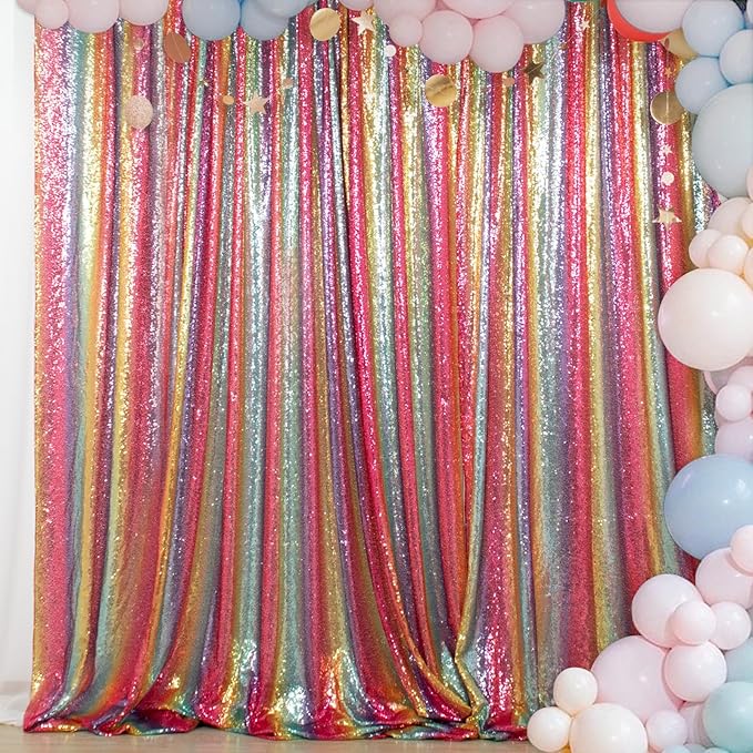 ShinyBeauty 7FTx7FT Glitter Rainbow Backdrop - Sequin Photo Studio Background for TikTok Videos Birthday Parties - Sparkling Shimmer Curtain