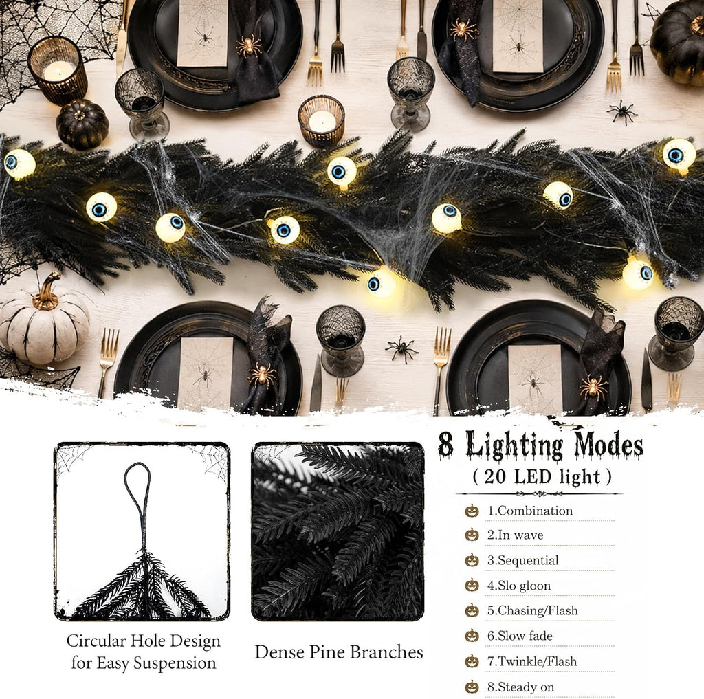 9ft black halloween garland with eyeball string light, side view