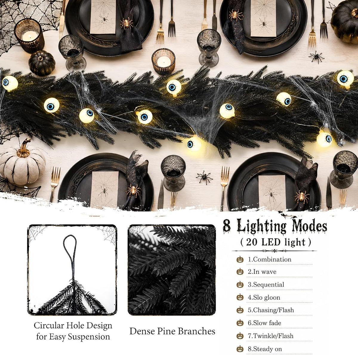 9ft black halloween garland with eyeball string light, side view