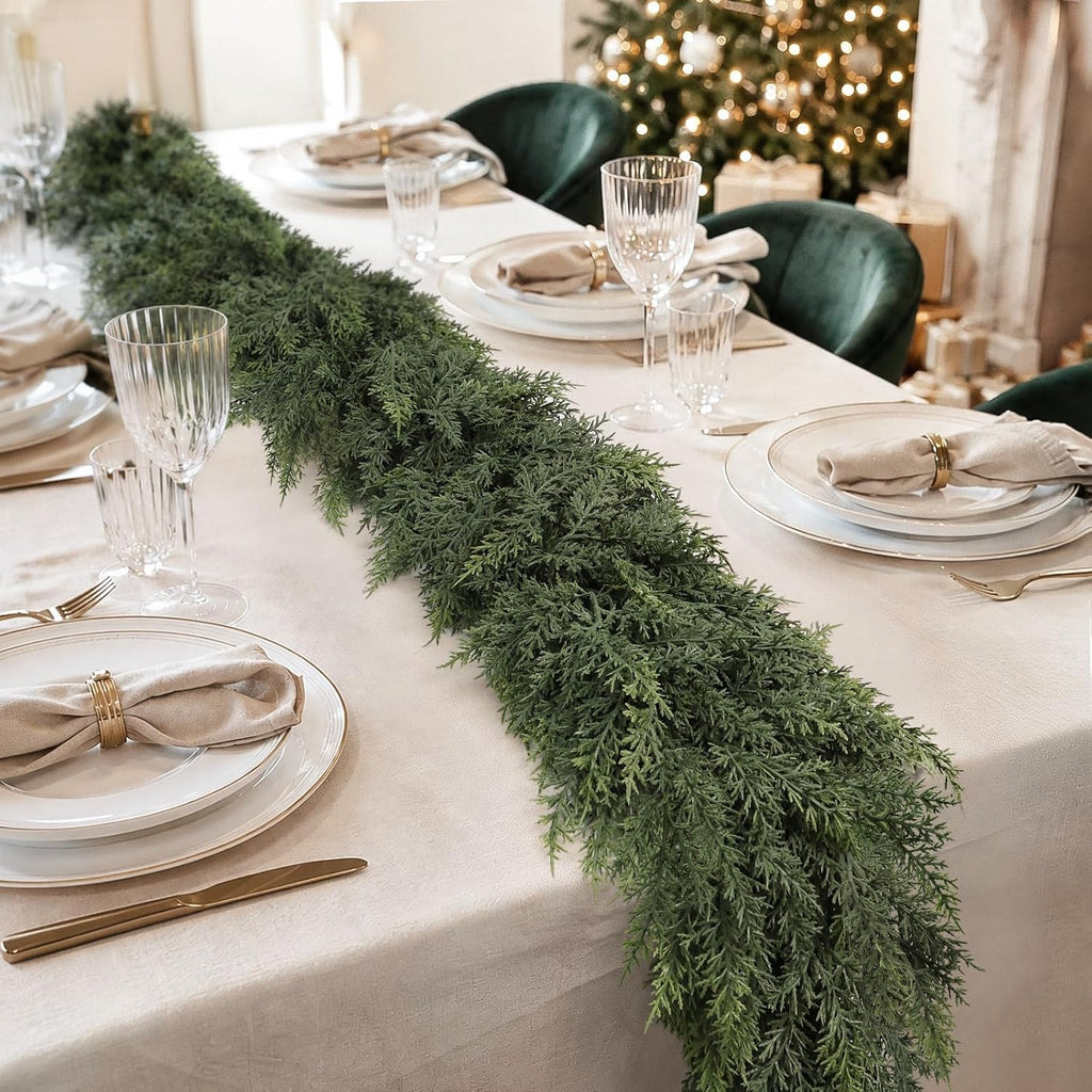 9ft christmas cedar garland, real touch soft greenery, side view