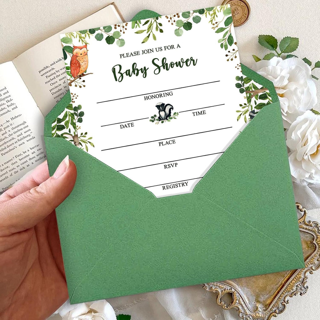 Yuzioey 50 Woodland Baby Shower Invitations, Forest Woodland Greenery Invitations Macthing Envelpoes, Diaper Raffle Tickets, Book Request Cards, Forest Creatures Invitations