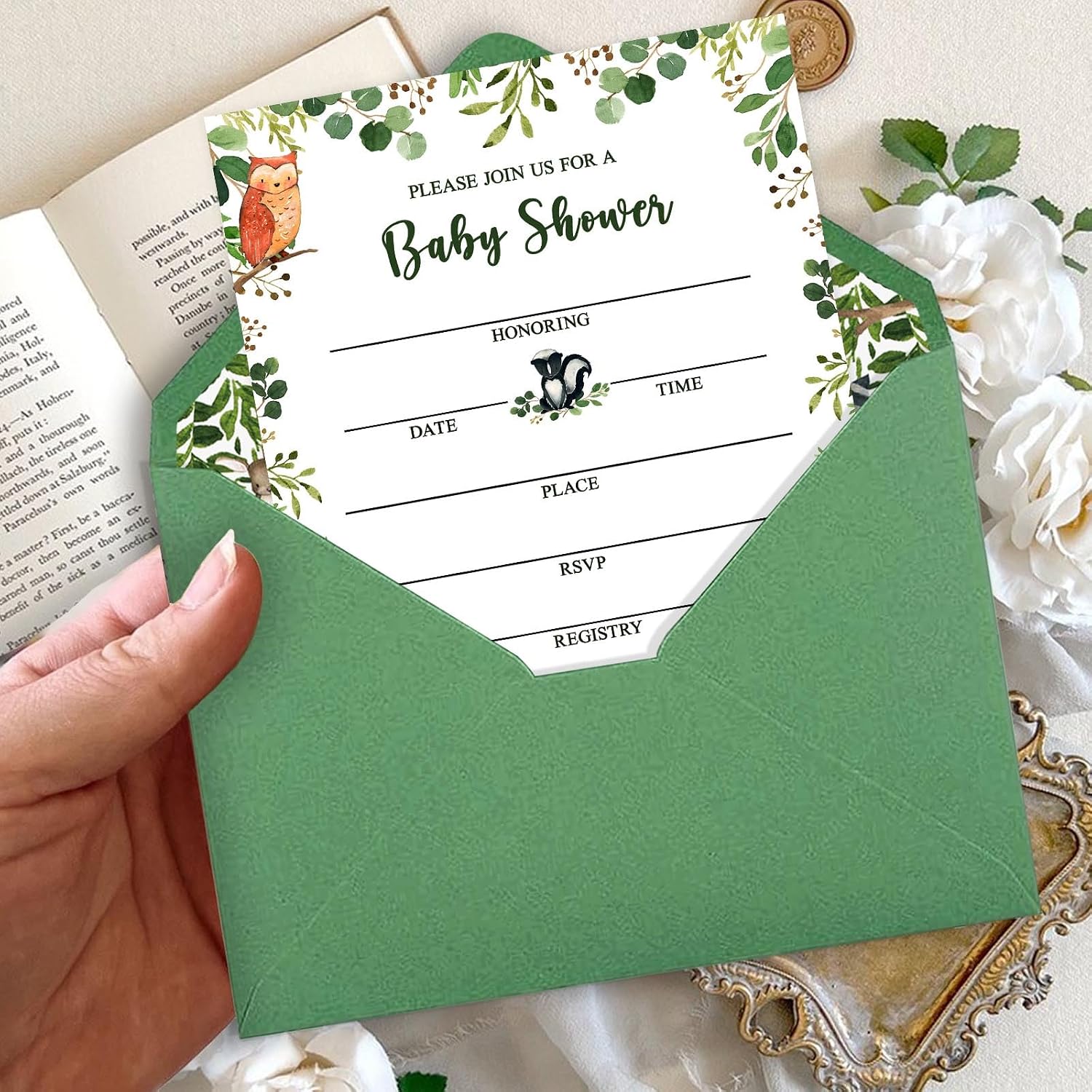 Yuzioey 50 Woodland Baby Shower Invitations, Forest Woodland Greenery Invitations Macthing Envelpoes, Diaper Raffle Tickets, Book Request Cards, Forest Creatures Invitations