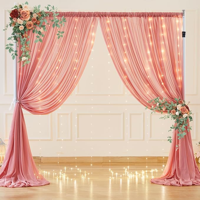 10ft x 7ft Dusty Rose Chiffon Backdrop Curtain with Lights String for Parites Wedding Wrinkle Free Curtain Photo Backdrops Drapes for Baby Shower Birthday Party Home Decorations