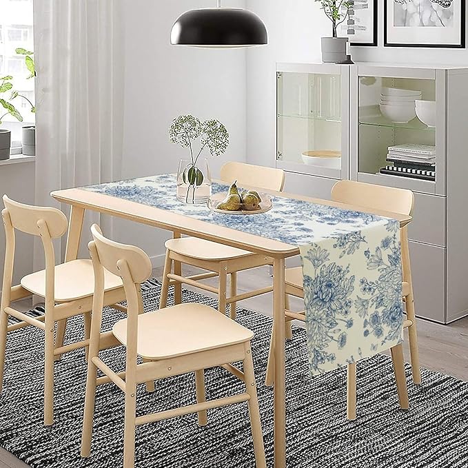 Chinoiserie Flower Table Runner, Seasonal Spring Fall Plants Blue Florals Dinner Runner for Home Kitchen Dining Table Party Holiday Decoration 13"x60"