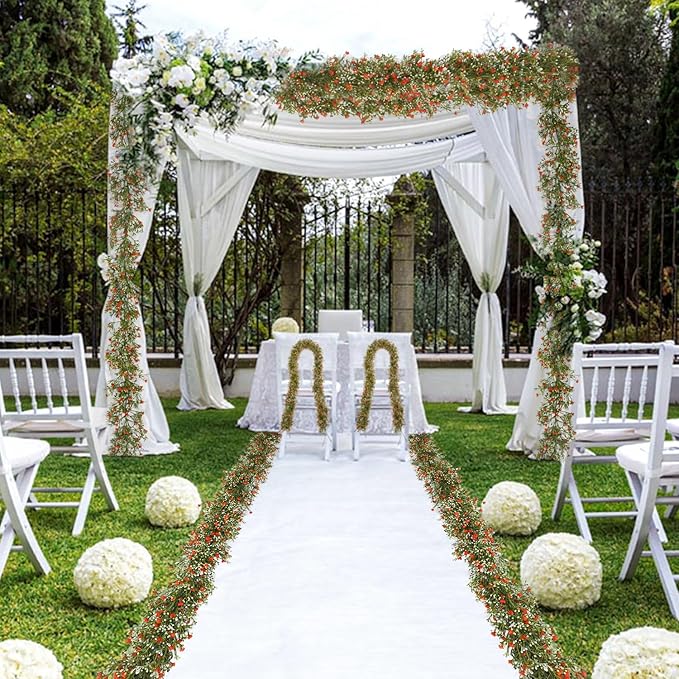 2 Pcs 5.8ft Artificial Baby Breath Flower Vines, Babys Breath Artificial Flowers Real Touch Faux Gypsophila Hanging Fake Baby's Breath Garlands for Wedding and Baby Shower Decor(Red-Orange