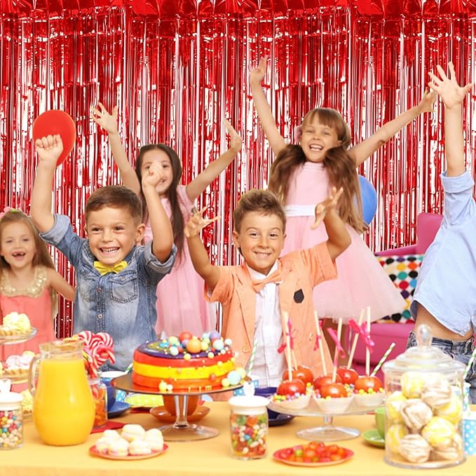 10 Pack Red Foil Curtain Backdrop 3.2ft x 9.8ft Metallic Tinsel Foil Fringe Curtains Streamer Photo Booth Backdrop for Birthday Party Engagement Bachelorette Party Decorations (Red)