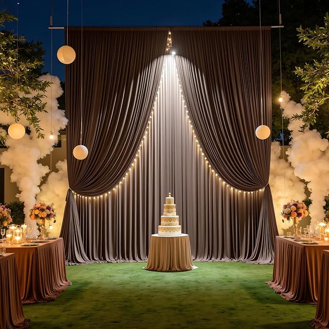 PartyVillage 20ft×15ft Brown Backdrop Curtain for Wedding Parties, 4 Panels Wrinkle Free 15 FT Long Polyester Photo Backdrop Drapes Back Drop Cloth for Birthday Photography Background
