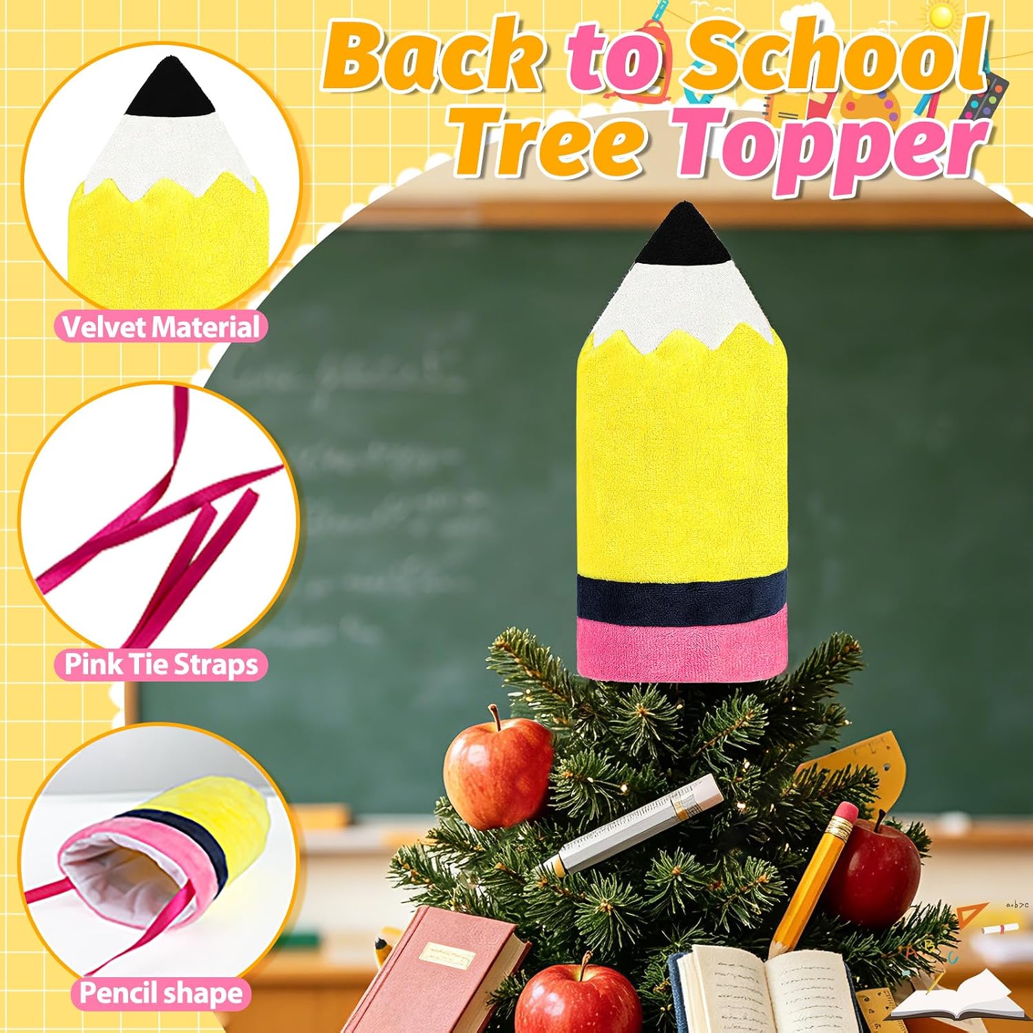 Pencil Back to School Tree Topper, 9inch Tall Velvet Pencil Tree Topper Decor for Party Home Office Classroom Student Teacher Indoor/Outdoor Tree Top Decoration Gifts