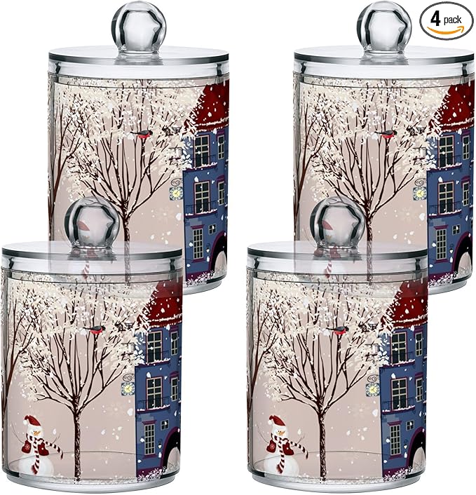 Christmas Winter Qtip Holder Dispenser 4 Pack Snowmen Snow Courtyard with Trees Apothecary Jars with Lids Bathroom Vanity Countertop Canister Storage Organizer for Cotton Ball,Swabs,Pads,Floss