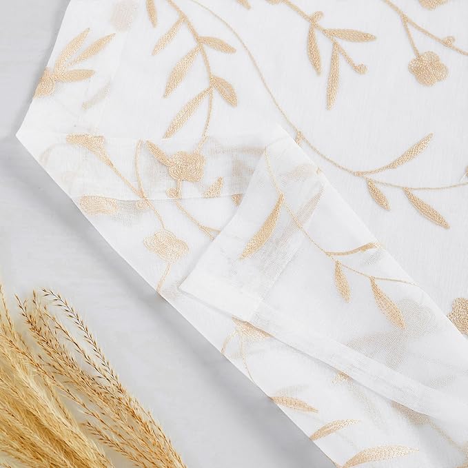 Sheer Curtains Embroidery 63 Inch Length White-Beige Rod Pocket Voile Drapes for Living room, Bedroom, Window Treatments Semi Flower Pattern Curtain Panels for Yard, Farmhouse, Set of 2, 52"x 63".